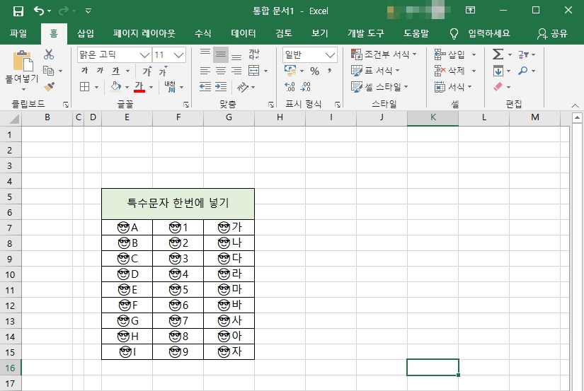 일괄 특수문자 적용된 엑셀 표 확인