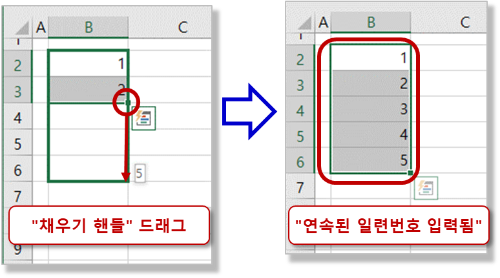 채우기 핸들을 드래그하여 일련번호 입력