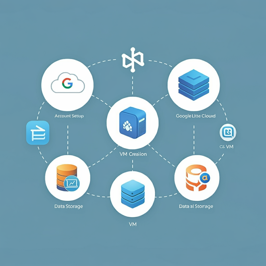 구글 클라우드 시작 가이드의 핵심 단계를 보여주는 썸네일: 계정 생성, 가상 서버(VM) 설정, 데이터 저장, AI 모델 배포를 나타내는 아이콘이 포함된 이미지