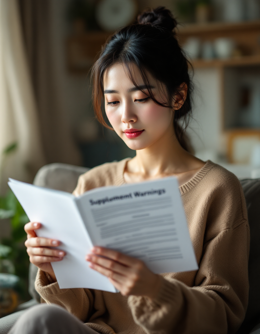주의사항을 읽고 있는 여성의 표정