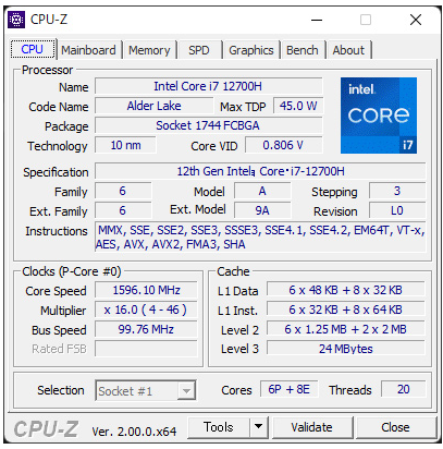 Alienware x14 CPU-Z