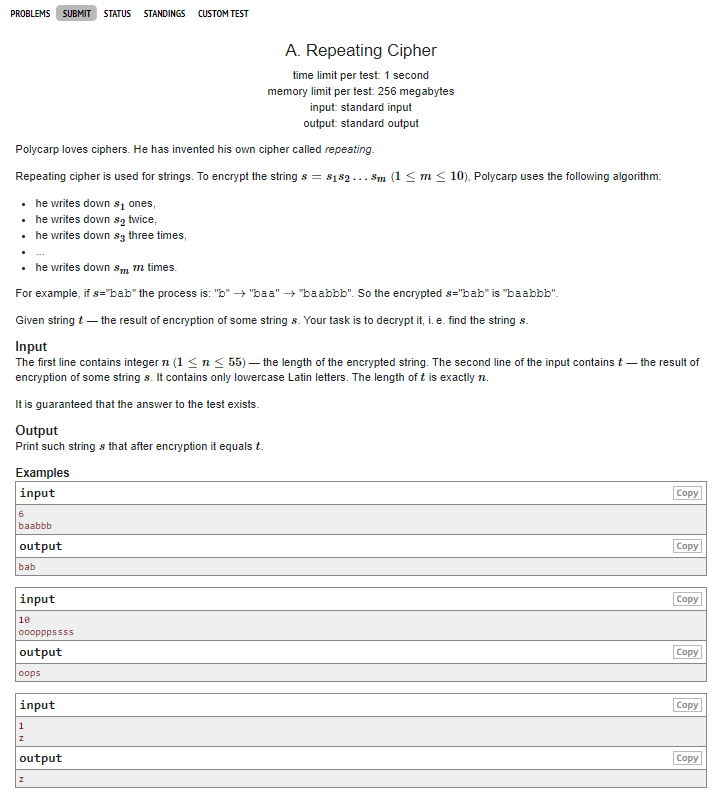  [Codeforces]  1095A: Repeating Cipher