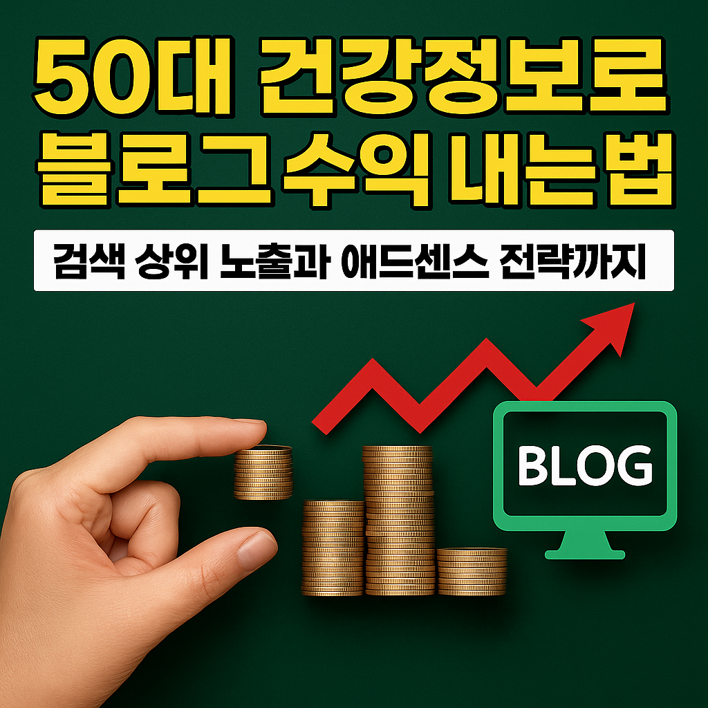 Bold Korean blog thumbnail showing a hand stacking coins, a red upward arrow, and a green monitor labeled BLOG — representing blog income through health information for people in their 50s