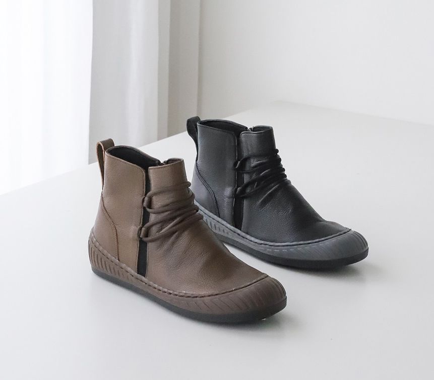  소가죽 발등스트링 셔링 4cm 앵클부츠