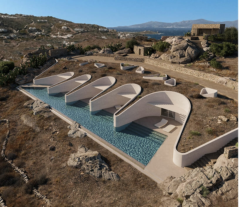 그리스 미코노스의 아름다운 곡선형 레지던스 Curved line residence by gnb architects emerges from the natural landscape of mykonos