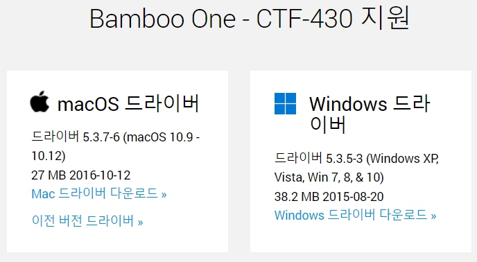 와콤 펜 태블릿 Bamboo One CTF-430드라이버 설치 다운로드