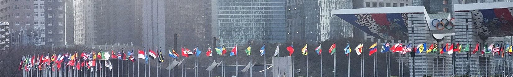 올림픽 참가국들의 국기게양대에 수많은 국기들이 바람에 흔들이고 있음, 붉은 색이 제일 많이 보임, 뒤로는 평화의 문, 그 뒤로는 고층 빌딩,