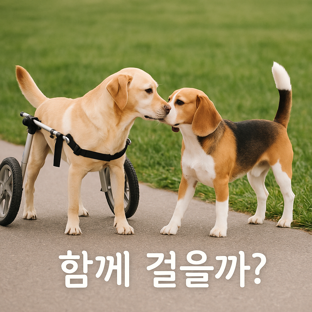 장애견이 휠체어를 타고 비장애견과 같이 얼굴을 맞대고 있는사진