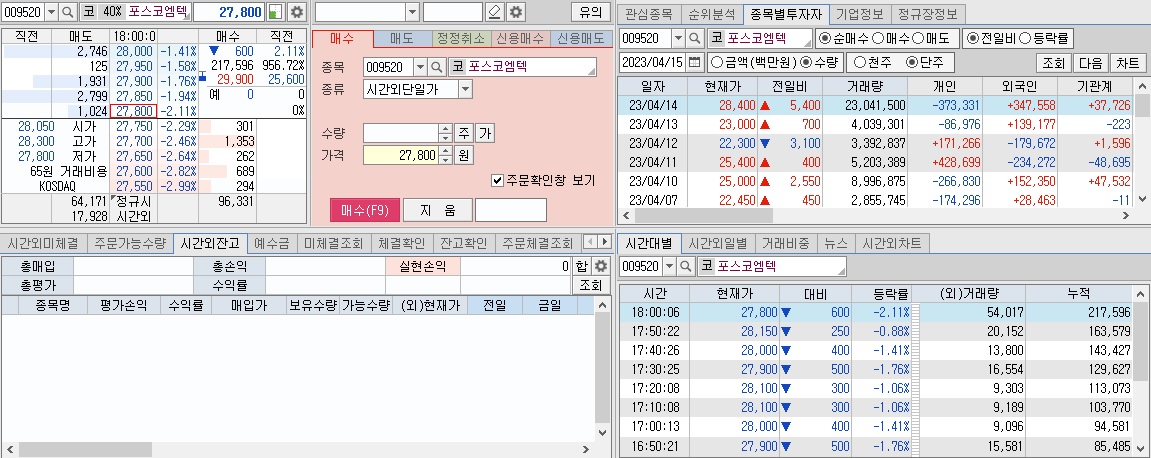 포스코엠텍 시간외단일가