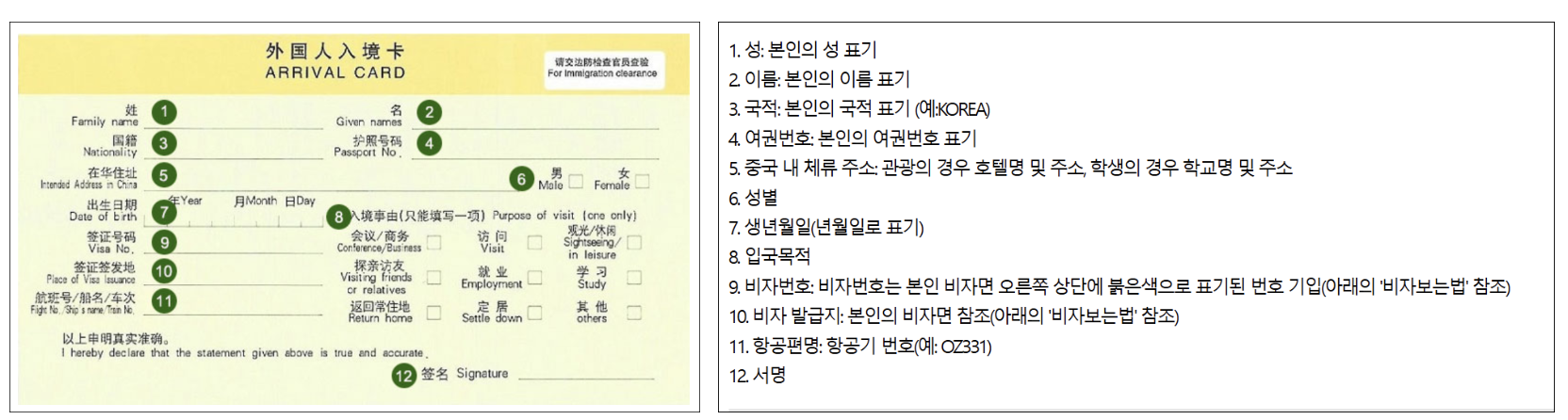 중국 입국 신고서 작성법 완벽 가이드|2025년 최신판 5 4. 종이 입국 신고서 양식 해석 및 작성법