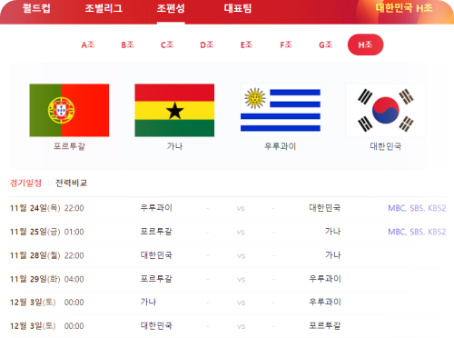 2022-카타르월드컵-H조-경기일정