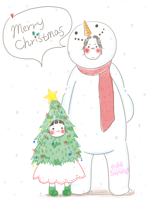 크리스마스 트리 옷을 입은 여자아이와 눈사람 옷을 입은 여자 어른을 그린 그림.