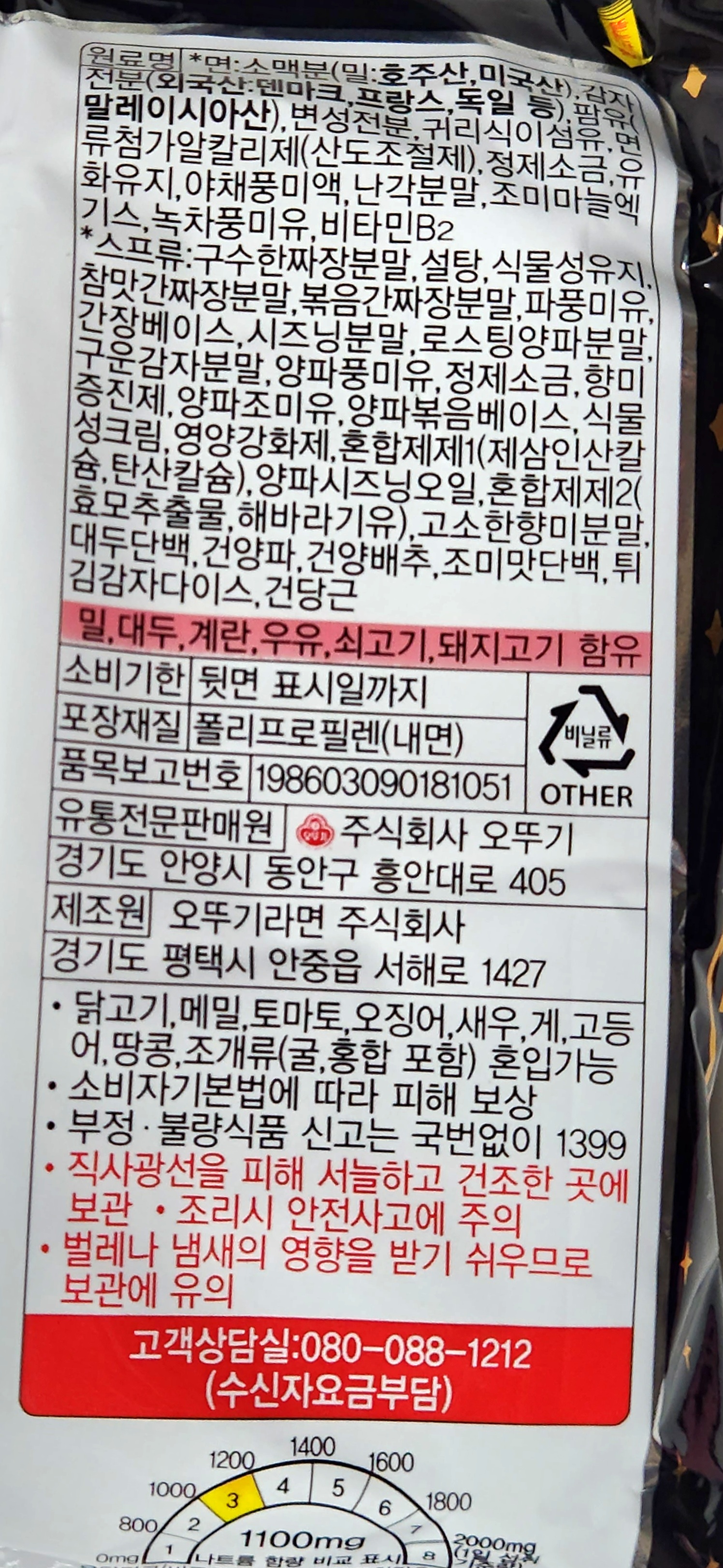 오뚜기 짜슐랭 전성분