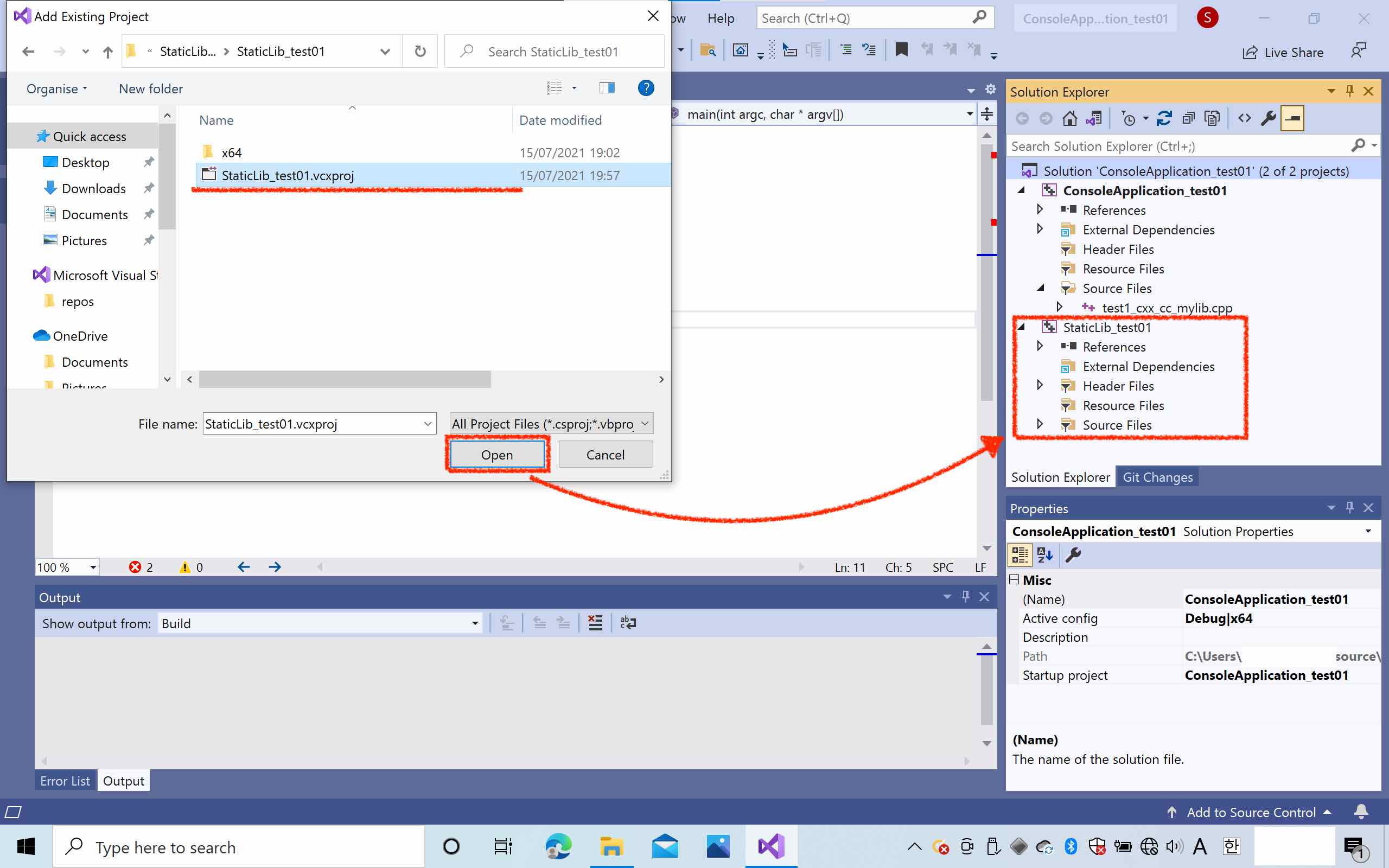 screenshot of Visual Studio Community 2019, showing addition of existing project to a new one for Console App