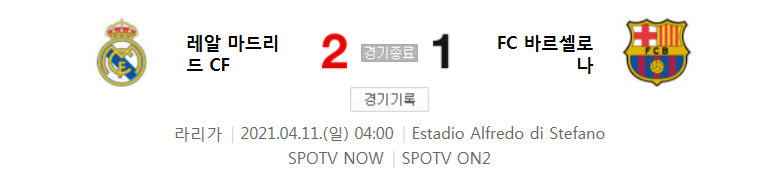  라리가 / 2021년 4월 11일 경기 - 레알 마드리드(2) VS 바르셀로나(1) 축구 하이라이트