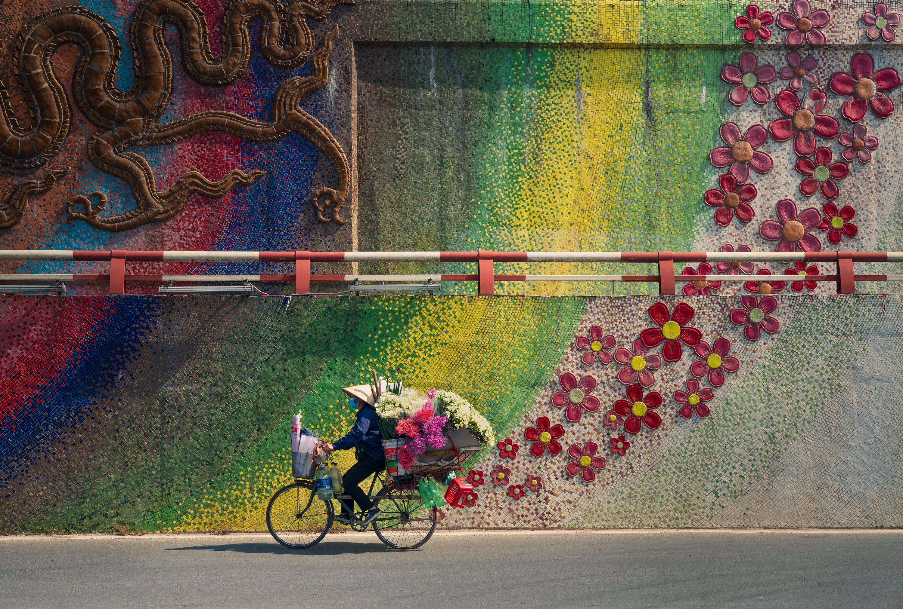 베트남 하노이 자전거를 타는 꽃 상인