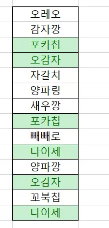 중복값은 녹색으로 표시된 엑셀 화면