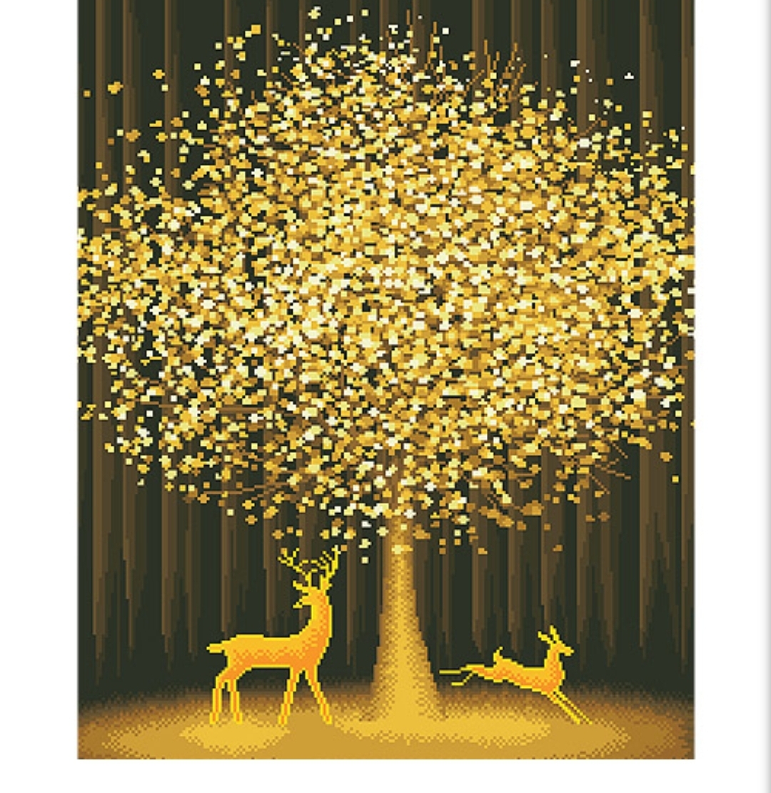  취미생활 디클레어 액자형 캔버스 보석십자수 DIY 키트 60 x 75 cm 황금나무와 사슴 돈들어오는그림
