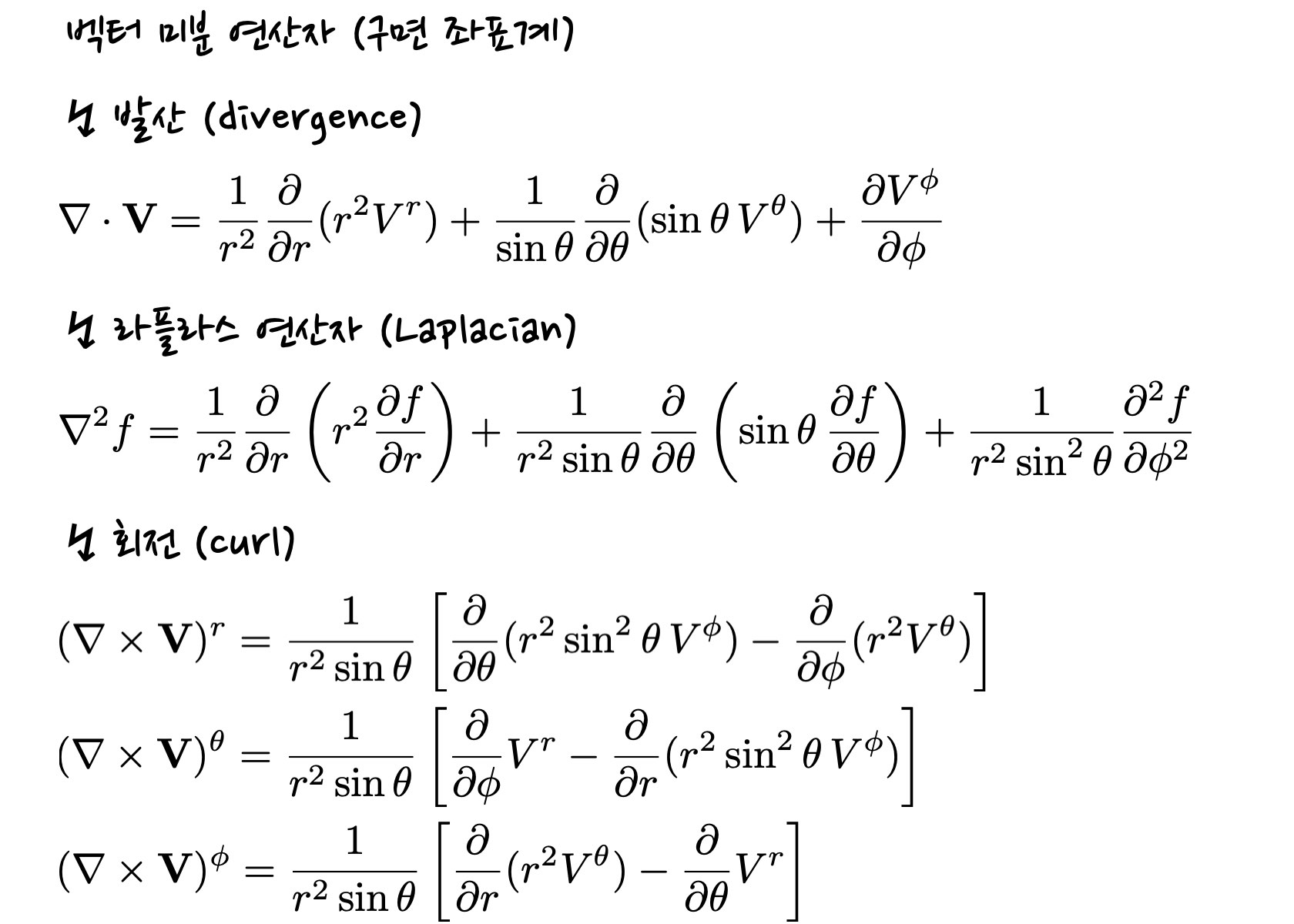 equations for vector derivatives&#44; showing definition of divergence&#44; Laplacian and Curl in spherical coordinates