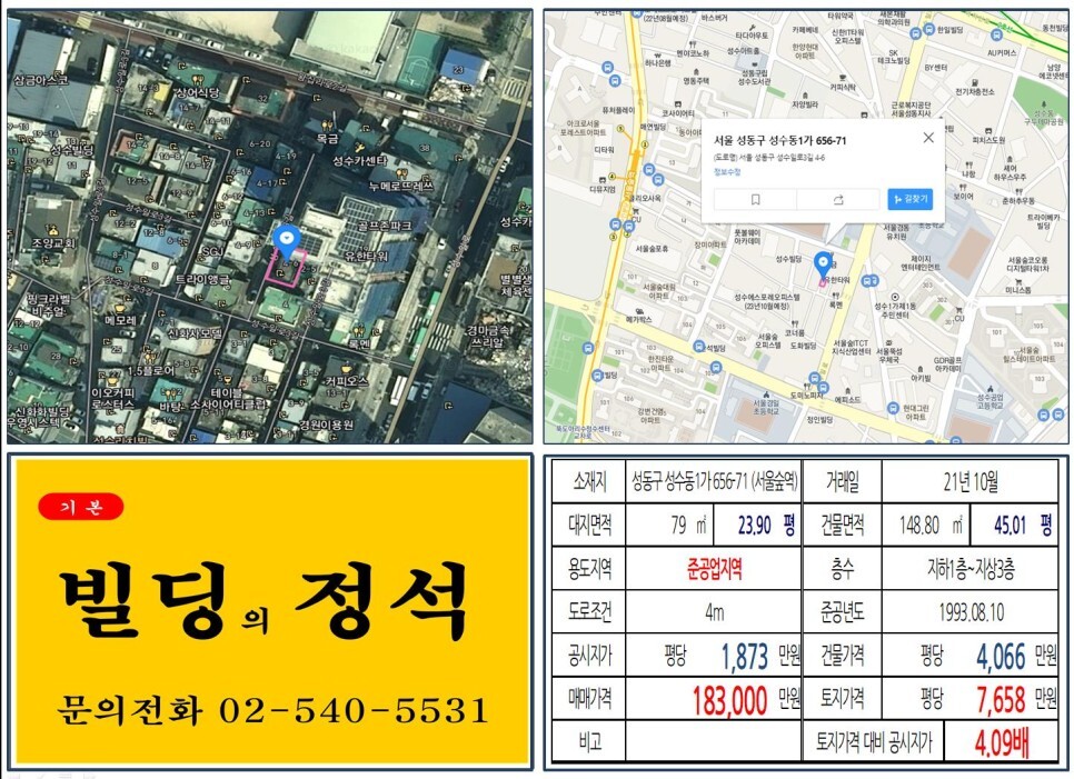  [성동구 성수전략정비구역 10억 꼬마빌딩 실거래가 조회] 성수동1가 656-71 (서울숲역) 18억 3,000만 원, 평당 7,658만 원 매매되었습니다.