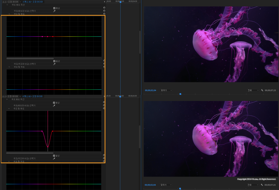 색조 및 채도 곡선