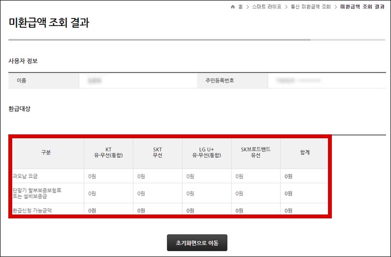 통신비 미환급금 조회 결과