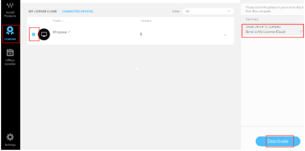 Licence를 선택하고 아래 그림처럼 선택한 후 Deactive를 클릭