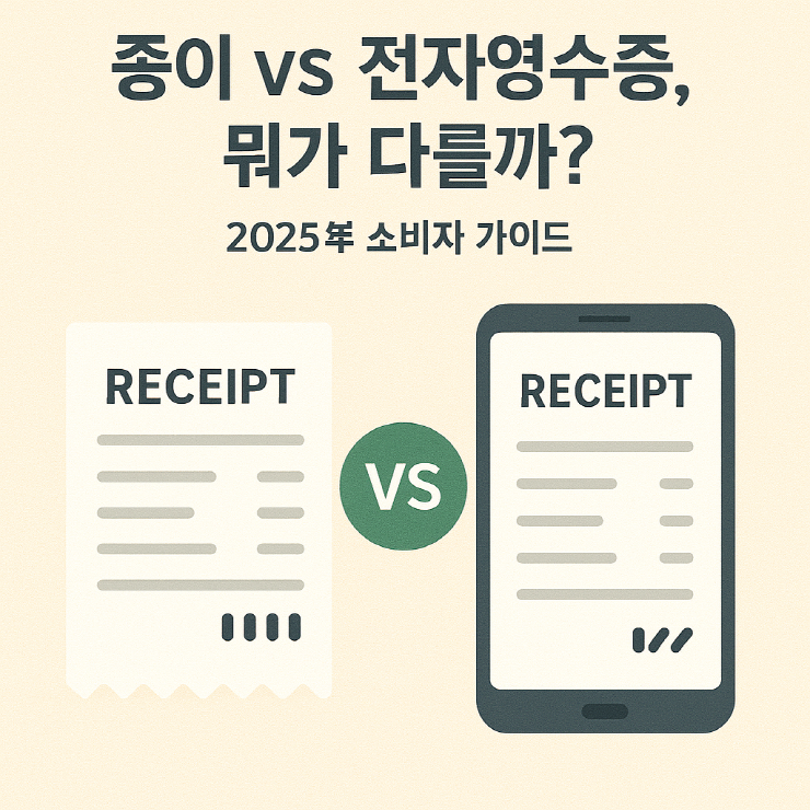 종이 vs 전자영수증, 뭐가 다를까? 2025년 소비자 가이드 - 왼쪽에 종이영수증과 오른쪽에 스마트폰 속 전자영수증이 초록색 VS 원형과 함께 비교되어 있는 인포그래픽
