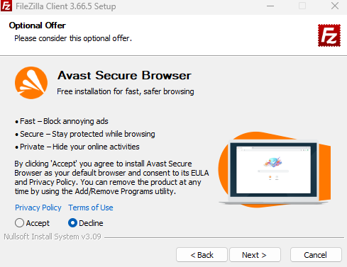 Avast Secure 브라우저 설치 안함