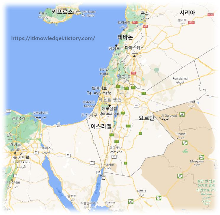 중동 지역 지도 ; 이스라엘 예루살렘 가자지구 팔레스타인
