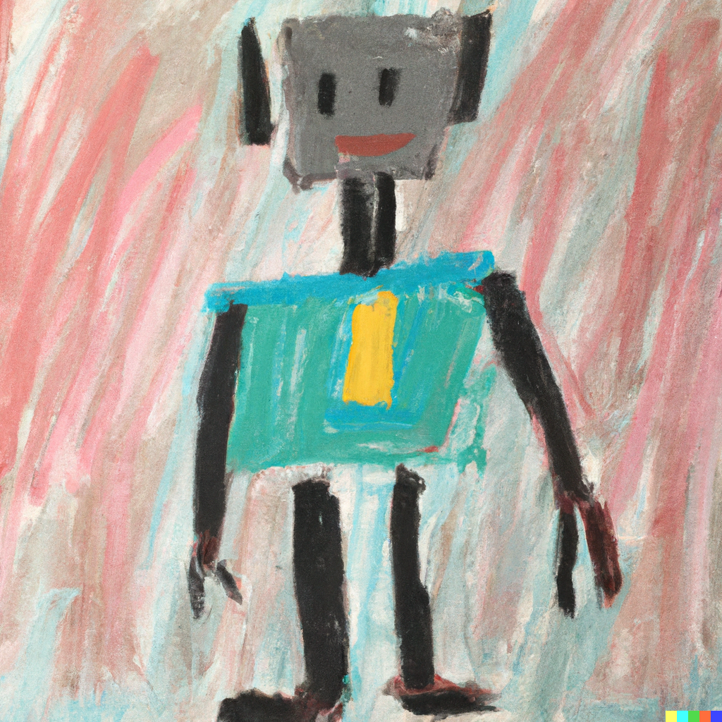 Pastel painting of humanoid robot&#44; drawn by kids