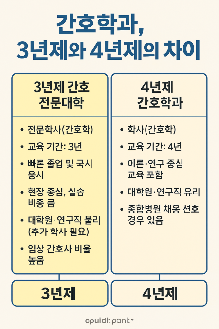 대한민국 간호학과 3년제 전문대와 4년제 대학교 비교 인포그래픽: 교육 기간, 학위, 교육 특징, 진로 차이 요약