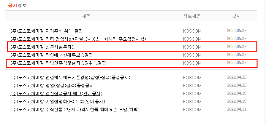 포스코케미칼 공시 사항