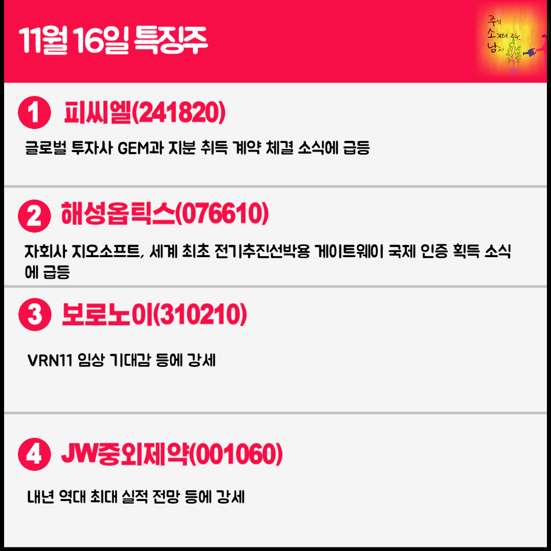 11월 16일 오늘의 특징주