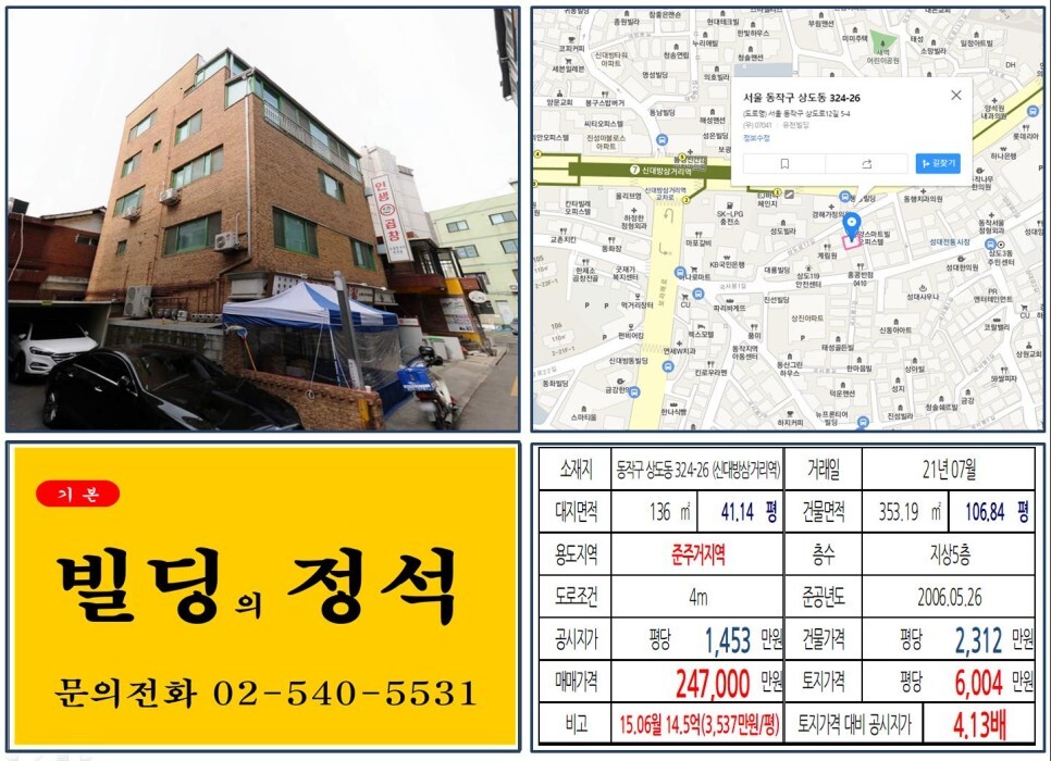  [동작구 7호선 준주거지역 20억 꼬마빌딩 실거래가 조회] 상도동 324-26 (신대방삼거리역) 24억 7,000만 원, 평당 6,004만 원 매매되었습니다.