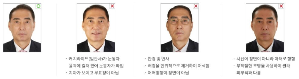 여권사진 규정을 설명하기 위한 남성 예시 사진