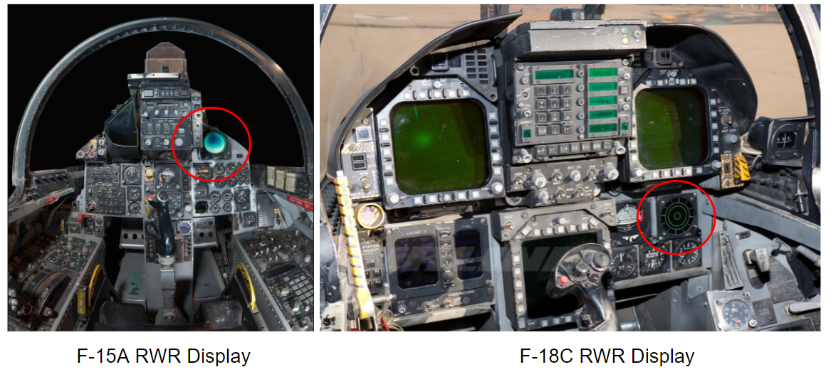 F-15와 F-18 전투기의 조종석에서의 RWR 디스플레이 위치