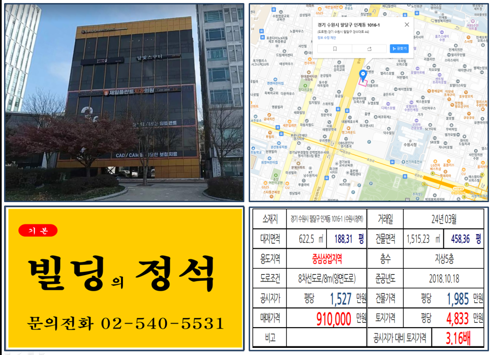 수원시 인계동 91억 메디컬빌딩 건물 거래사례 분석 병원건물 구입 이유