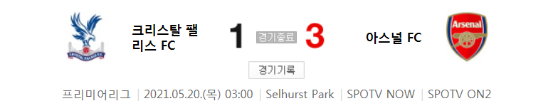  프리미어리그 / 2021년 5월 20일 경기 - 크리스탈 팰리스(1) VS 아스널(3) 축구 하이라이트