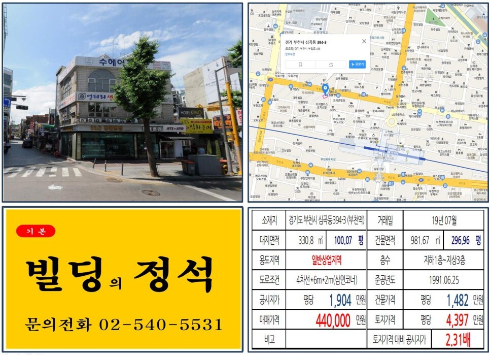  [부천시 4차선 대로변 상업지역 꼬마빌딩 실거래가 조회] 심곡동 394-3 (부천역) 44억 원, 평당 4,397만 원 매매되었습니다. CGV