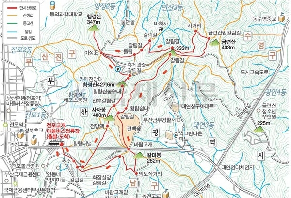  사자봉∼황령산∼행경산∼금련산∼갈미봉