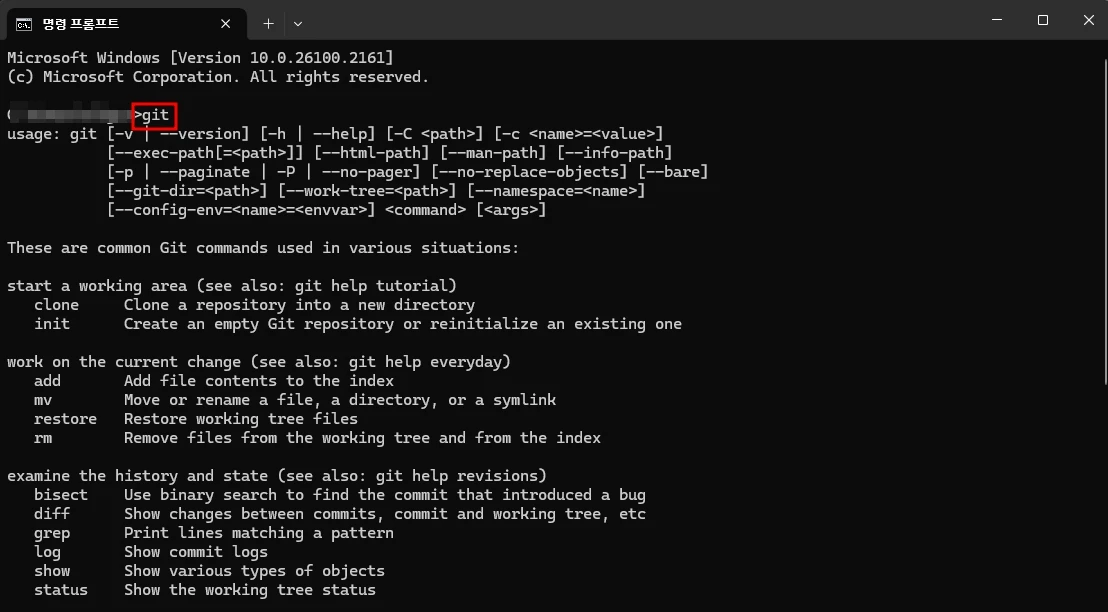 명령 프롬프트에서 git 명령어를 입력하여 설치여부 확인