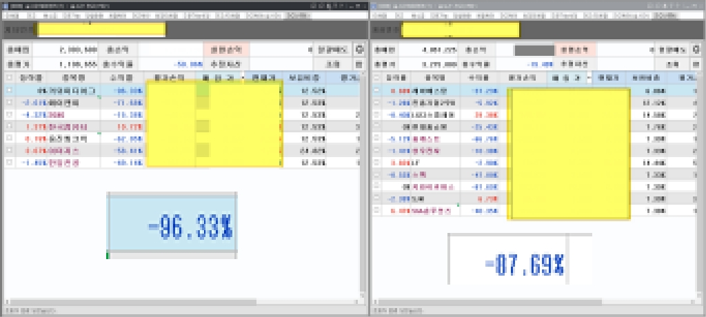 현재 보유중인 두개의 계좌 현황 - 대부분 마이너스 수익 중이다.