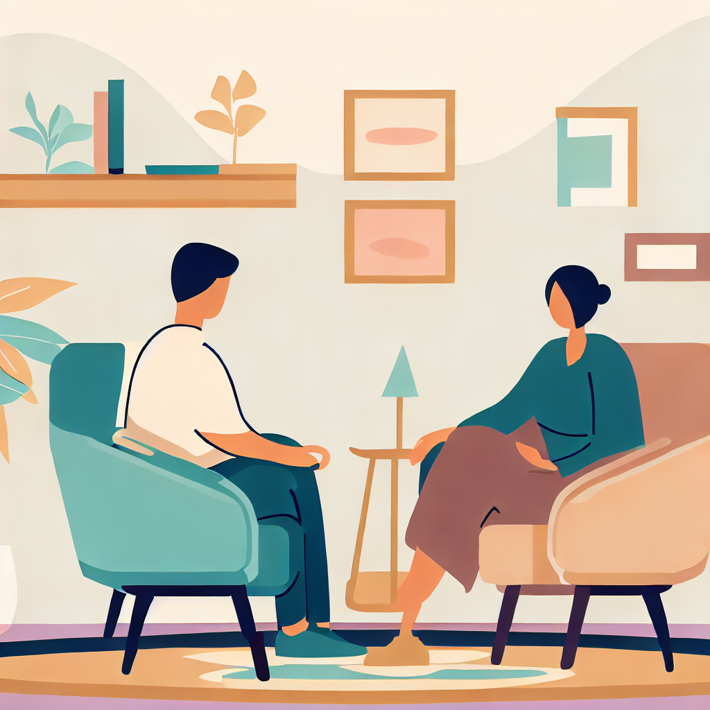 An individual sitting across from a mental health professional&#44; engaged in a therapy session. They are in a cozy and inviting office setting with calming colors and decor&#44; creating a safe space for open communication.