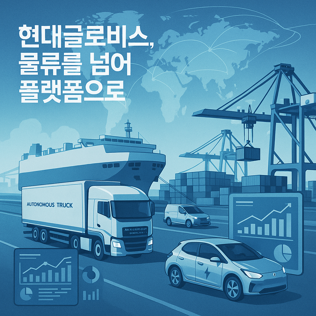 현대글로비스의 물류 플랫폼을 상징하는 대형 선박, 자율주행 트럭, 전기차, 컨테이너 크레인과 글로벌 지도 일러스트