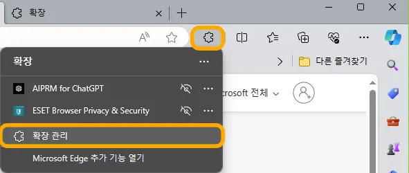 마이크로소프트 엣지 확장 관리 모습