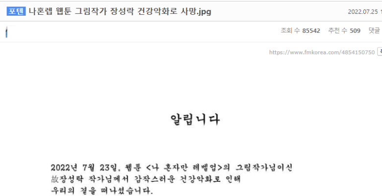  [속보] 나혼자레벨업 그림작가 장성락, 지병으로..