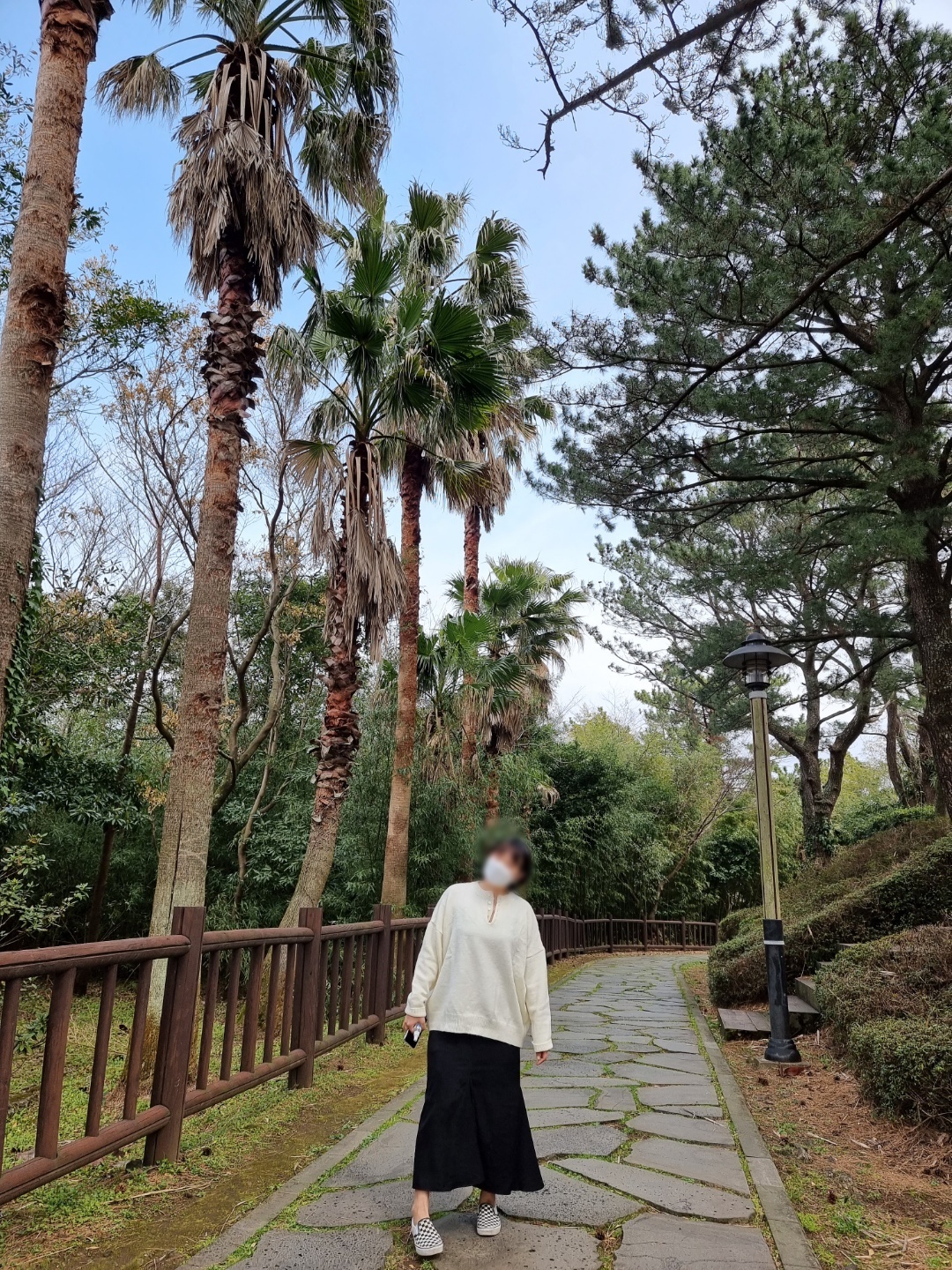 야자수길에 서있는 여자