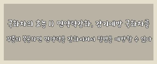  국화차의 효능 1) 면역력강화, 감기예방 국화차를 꾸준히 복용하면 면역력을 강화시켜서 질병을 예방할 수 있다