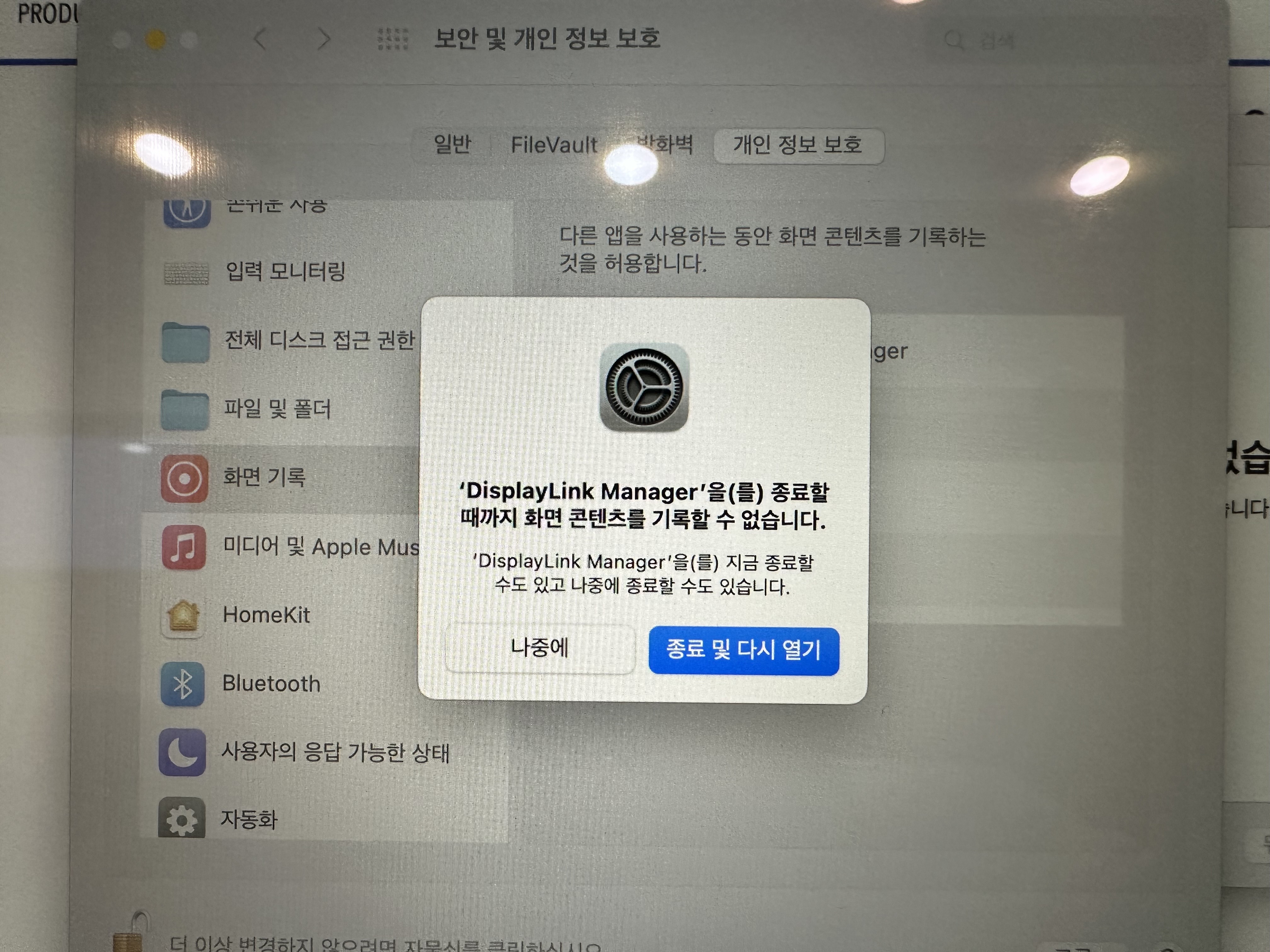 디스플레이링크 매니저 화면 기록 허용